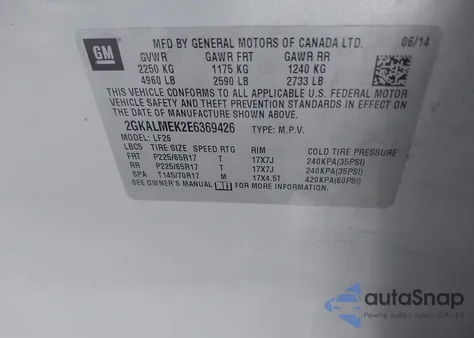 2014 GMC Terrain Sle from USA, damaged, VIN 2GKALMEK2E6369426